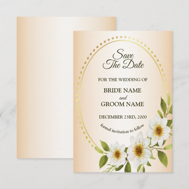 Hochzeit Rustikaler Goldener Rahmen Weiße Blumen P Save The Date (Vorne/Hinten)