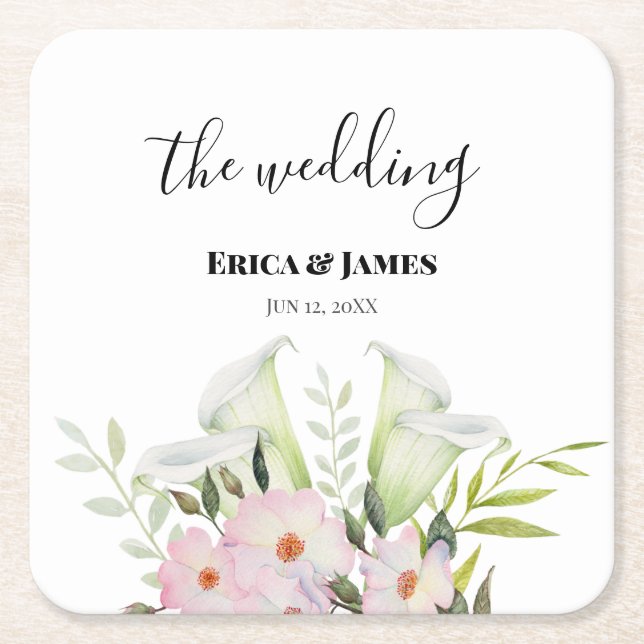 Hochzeit sanfte weiße Calla Lily Rose Wasserfarbe Rechteckiger Pappuntersetzer (Vorderseite)