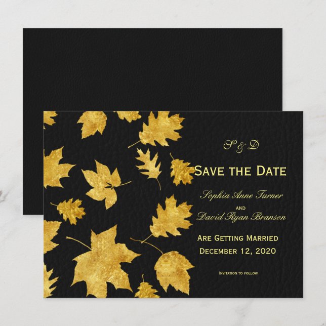 Hochzeit Save the Date | Gold Fall Foliage Leder Einladung (Vorne/Hinten)