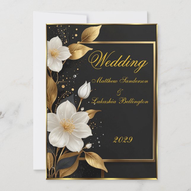 Hochzeit schöne weiße Blume Gold Blätter Einladung (Vorderseite)