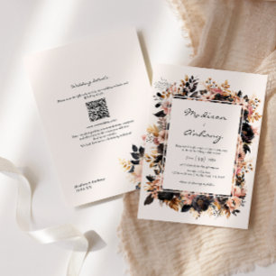 Hochzeit Schwarz & Gold Blumiger QR-Code 2 in 1 Einladung
