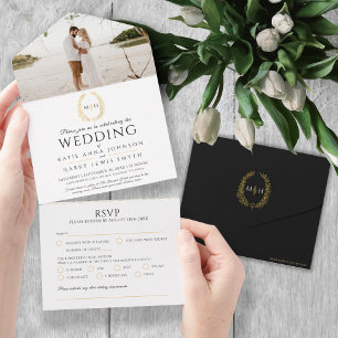 Hochzeit Schwarz Gold Weiß Oval Blatt Monogramm Fo All In One Einladung