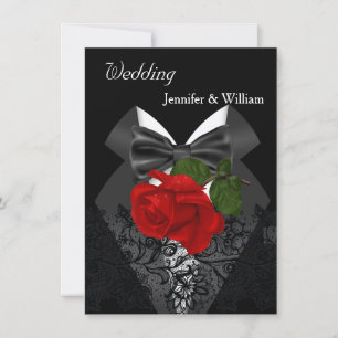 Hochzeit Schwarz Weiß Smoking Tiefrote Rose 2D Einladung