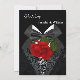 Hochzeit Schwarz-weiß Tuxedo Deep Rote Rose 2 Einladung