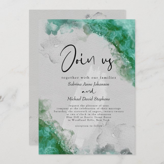 HOCHZEIT | Sea Glass Green Abstrakt Alcohol Tinte Einladung (Vorne/Hinten)