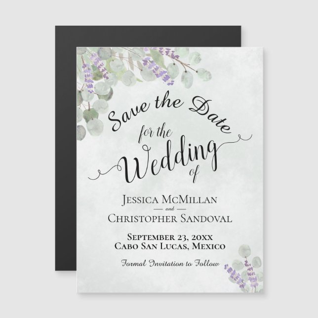 Hochzeit Sichern Sie das Datum Eukalyptus & Lavend Magneteinladung (Vorne/Hinten)