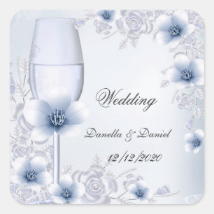 Hochzeit Silber Blaue Blüten Rosen Quadratischer Aufkleber