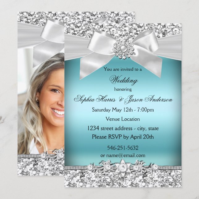 Hochzeit Silberblauer Glitzer Jewel Bow Einladung (Vorne/Hinten)