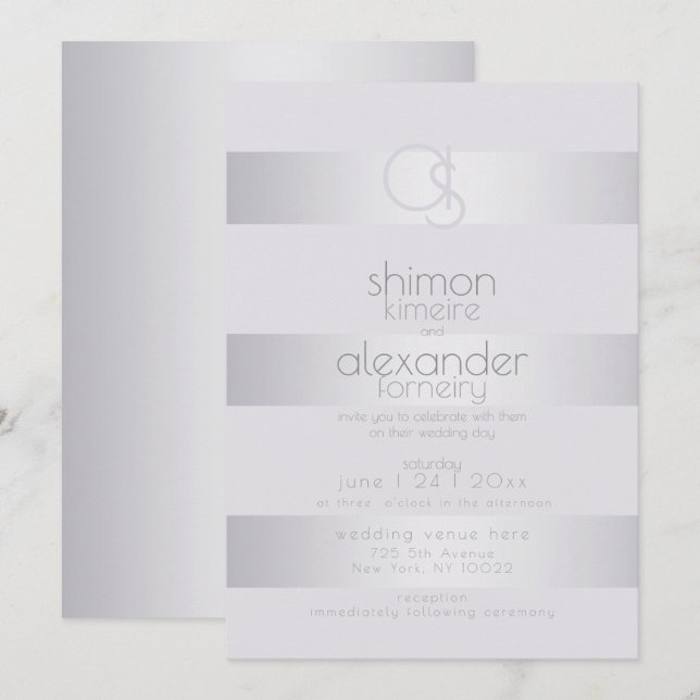 Hochzeit | Silver Violet Shimmer Strip Monogramm Einladung (Vorne/Hinten)