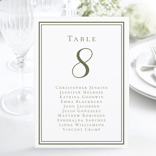 Hochzeit Sitzordnung Gast Tisch Nummer Olivgrün Einladung (Wedding Seating Guest Table Number Olive Green Card)