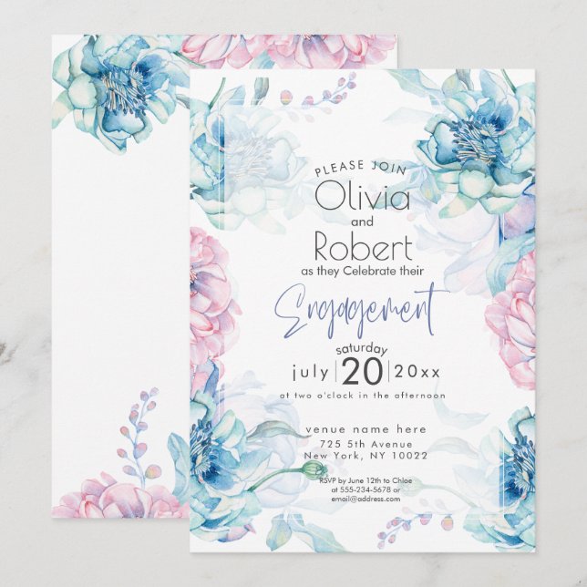 Hochzeit | Sky Blue und Bubblegum Pink Peonies Einladung (Vorne/Hinten)