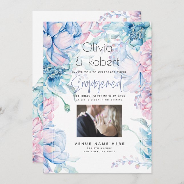 Hochzeit | Sky Blue und Bubblegum Pink Peonies Einladung (Vorne/Hinten)