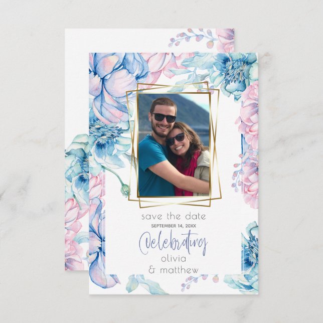 Hochzeit | Sky Blue und Bubblegum Pink Peonies Einladung (Vorne/Hinten)