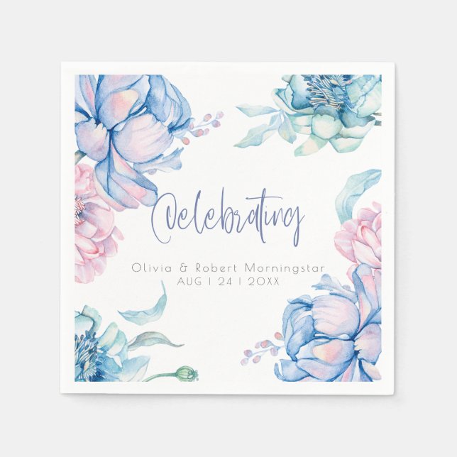 Hochzeit | Sky Blue und Bubblegum Pink Peonies Serviette (Vorderseite)