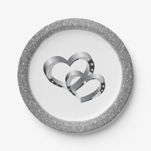 Hochzeit SLVR Glitzer 7" Papier-Teller - Zwei Herz Pappteller (Vorderseite)