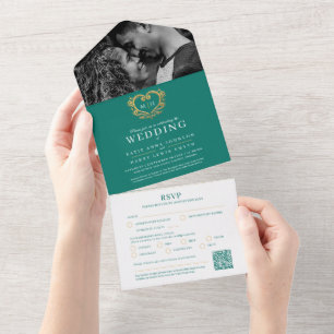 Hochzeit Smaragdgrün Weiß Gold Herz Monogramm QR All In One Einladung