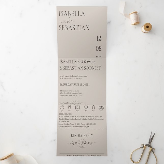 Hochzeit Soft Beige All-in-One-Set Dreifach Gefaltete Einladung (Innenseite)