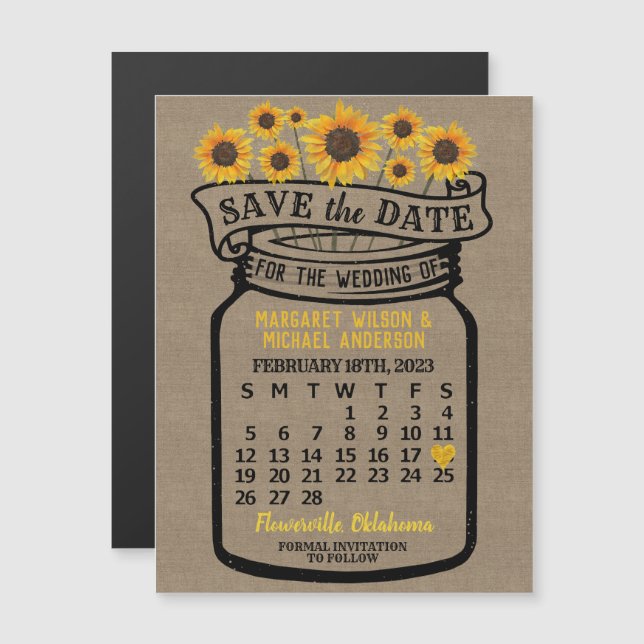 Hochzeit Sonnenblumen Jar Februar 2023 Date Magnet (Vorne/Hinten)