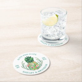 Hochzeit SPAREN SIE DAS DATUM Tropische Ananas Runder Pappuntersetzer
