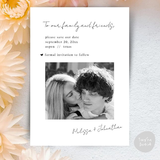 Hochzeit spart das Datum, das modern Minimalistisc Save The Date (Wedding Sate The Date Modern Minimalist Clean signature script Theme Card PDF Black and White)