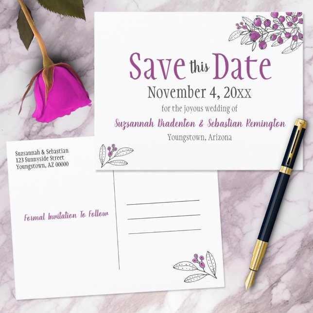 Hochzeit speichern das Datum Minimalistische Lila  Ankündigungspostkarte (front and back save the date postcard)