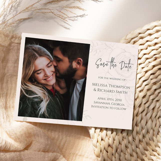 Hochzeit speichern Sie das Datum Blush Bloral Save The Date (Elegant floral photo save the date card with stylish calligraphy script. )