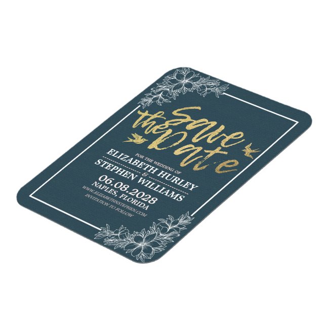Hochzeit speichern Sie das Datum Chic Blue Gold Sc Magnet (Linke Seite)