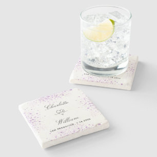 Hochzeit speichern Sie das Datum der violetten Gli Steinuntersetzer