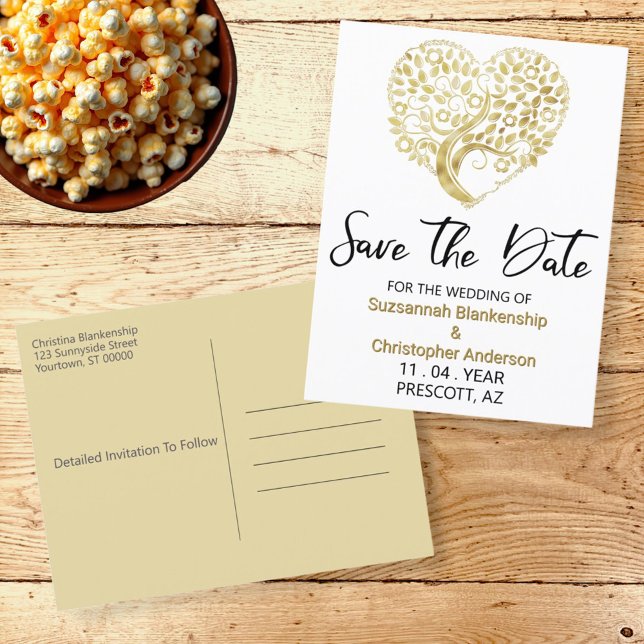 Hochzeit speichern Sie das Datum Gold Tree Herz Ankündigungspostkarte (front and back template save the date postcard)