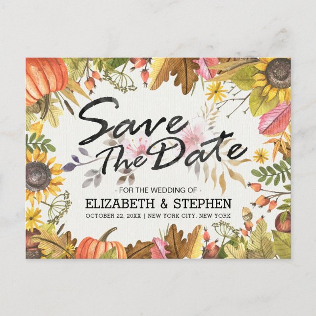 Hochzeit speichern Sie das Datum Herbst Herbstlaub Ankündigungspostkarte (Vorderseite)