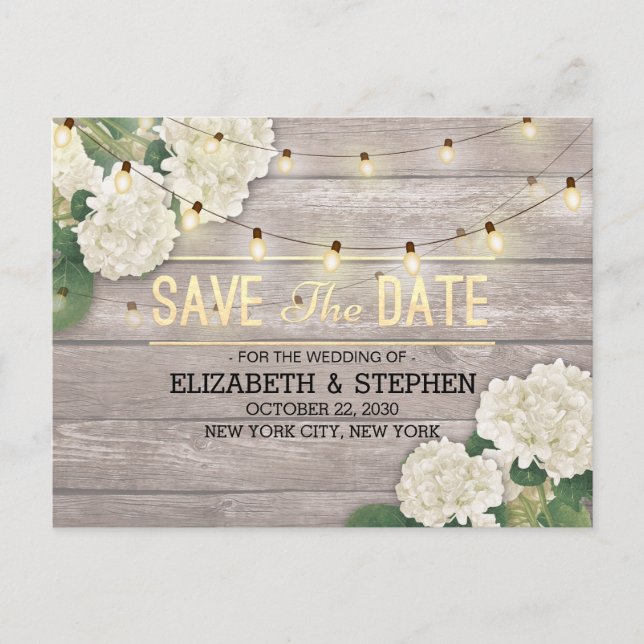 Hochzeit speichern Sie das Datum Hydrangea String  Ankündigungspostkarte (Vorderseite)