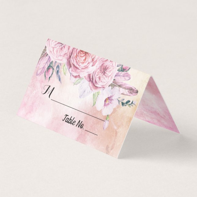 Hochzeit Tischnummer Escort Boho Floral & Feathers (Vorderseite)