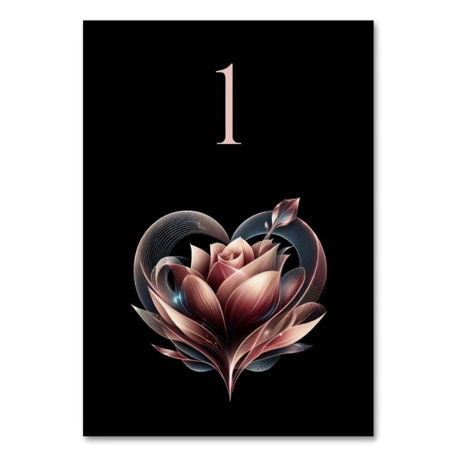 Hochzeit Tischnummer-Rose mit Herz- Tischnummer (Vorderseite)