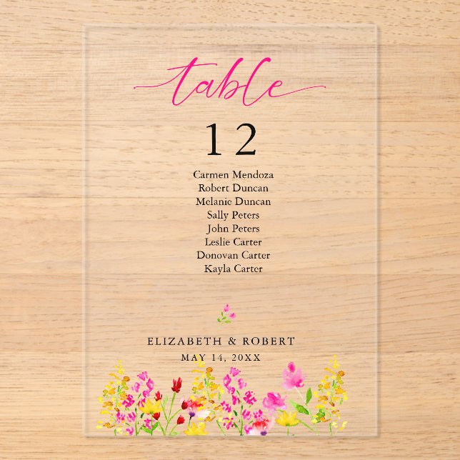 Hochzeit Tischnummer Schild Floral Rosa Schriftzug (Vorderseite)