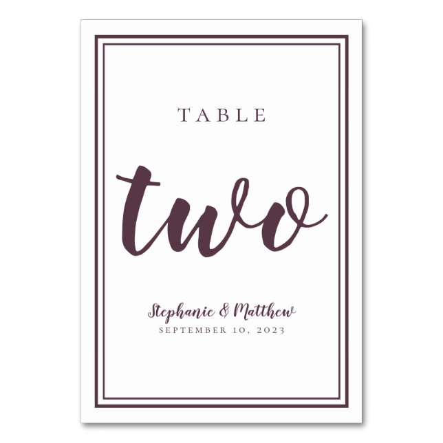 Hochzeit Tischnummer Zwei einfache Lila Fälle (Vorderseite)