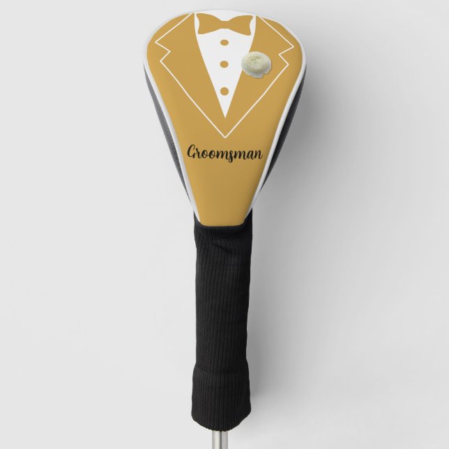 Hochzeit Trauzeugen Gold Tuxedo mit weißer Blume Golf Headcover (Vorderseite)