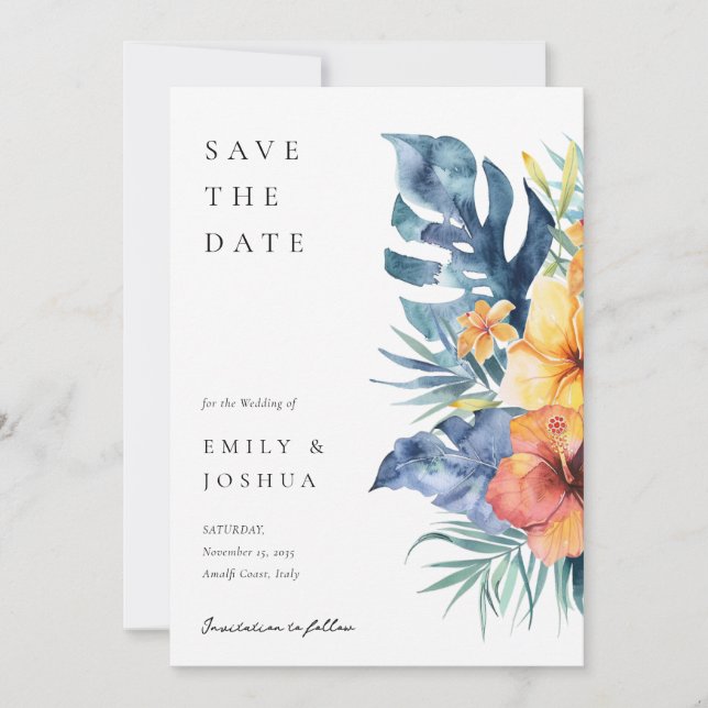 Hochzeit tropischer Flora Save The Date (Vorderseite)