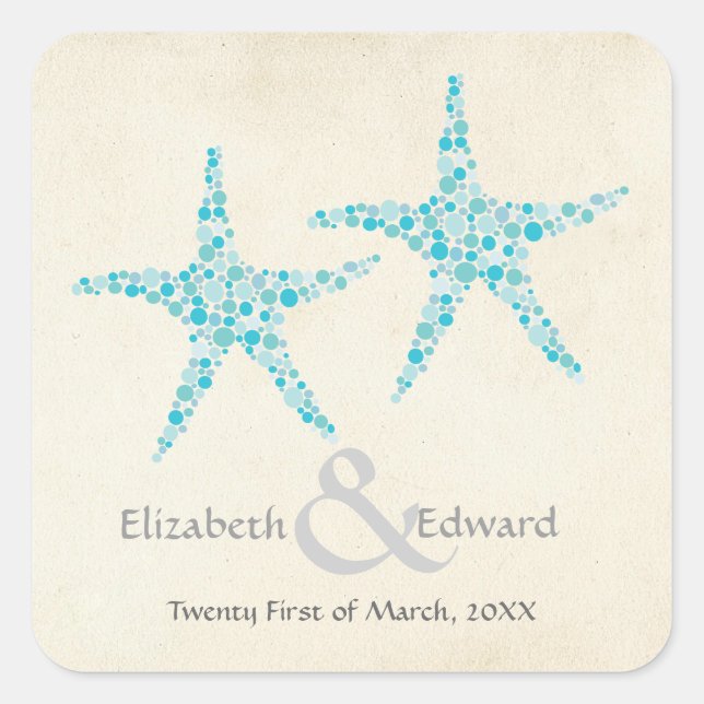 Hochzeit Türkis Aqua Starfish Save the Date Quadratischer Aufkleber (Vorderseite)