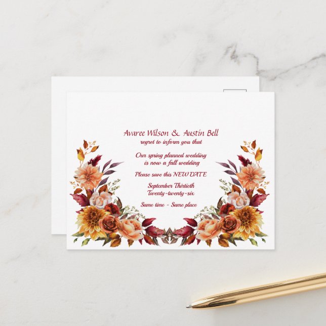 Hochzeit verschoben Herbstfarben Ankündigungspostkarte (Vorderseite/Rückseite Beispiel)