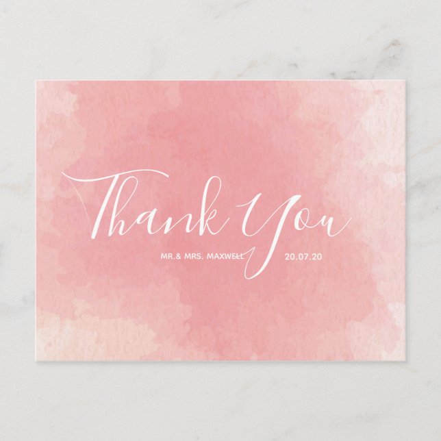 Hochzeit Vielen Dank Pink Watercolor Script Postca Postkarte (Vorderseite)