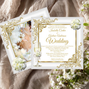 Hochzeit Vintage Weiß Champagner Gold Perlen Foto Einladung