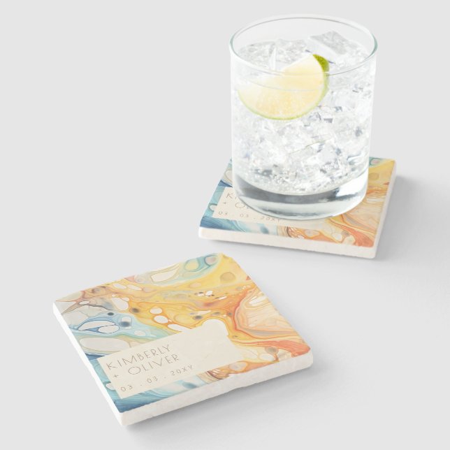 Hochzeit von abstrakten Meereswellen und Sandstein Steinuntersetzer (Seitenansicht)