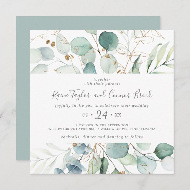 Hochzeit von Airy Greenery und Gold Leaf Square Einladung (Vorne/Hinten)