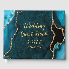 Hochzeit von aquamarinem Blau und Gold Agate Gästebuch