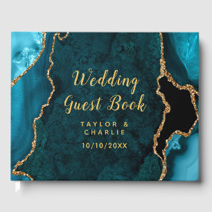 Hochzeit von aquamarinem Blau und Gold Agate Gästebuch