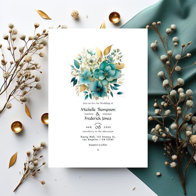 Hochzeit von aquamarinen und Goldfloralen Einladung (Von Creator hochgeladen)
