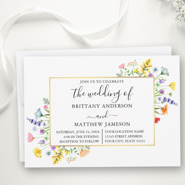 Hochzeit von Aquarellfarben-Wildblumen Einladung (Customize to change text size, color, style or add more text to back of card.)