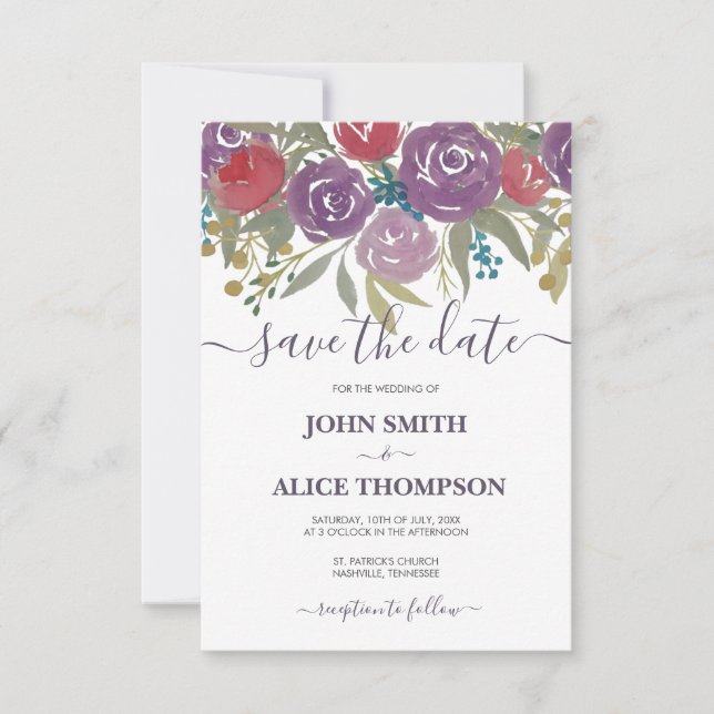 Hochzeit von Aquarelllavender und Roten Flora Save The Date (Vorderseite)