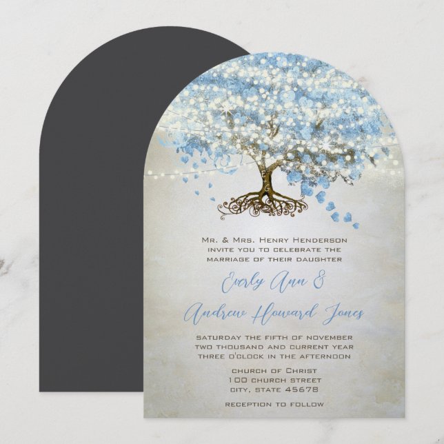 Hochzeit von Blaue Herzleder Einladung (Vorne/Hinten)