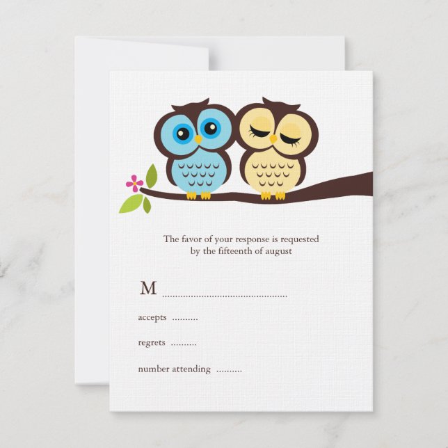 Hochzeit von Blauen und Gelben Owls RSVP Karte (Vorderseite)